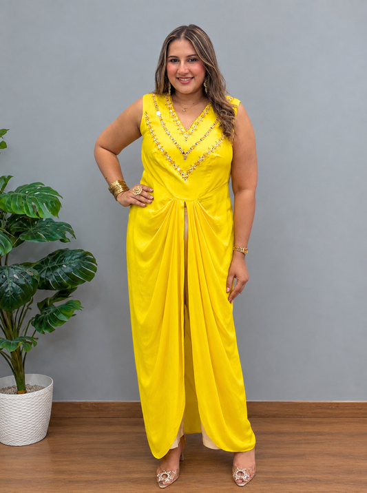 Yellow Draped Co-ord Set with Mirror Embroidery