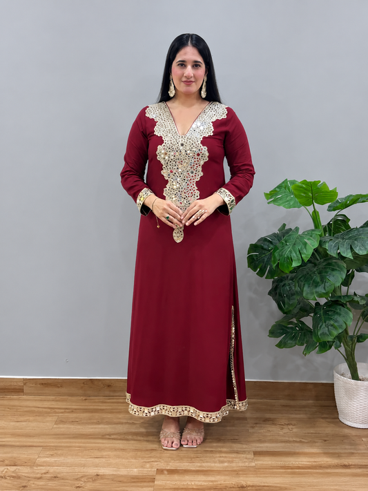 Red Mirror Work Side Slit Dress