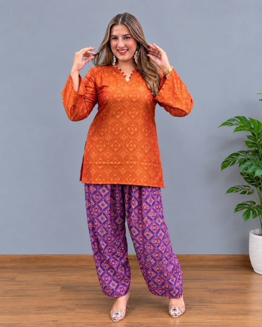 Orange & Purple Patola Print Co-ord Set