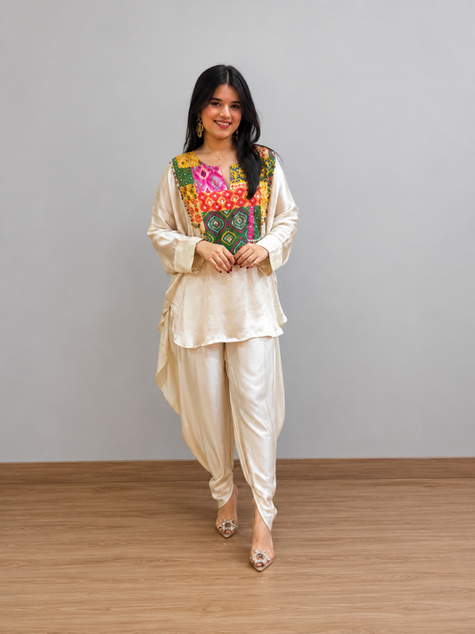 Cream Dhoti Set With Patchwork