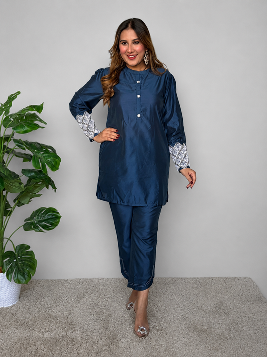 Embroidered Blue Cord Set