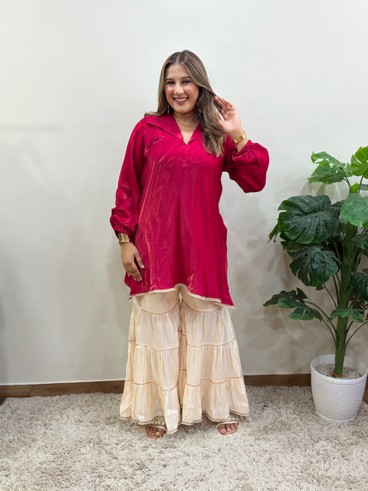 Red and White Sharara Set
