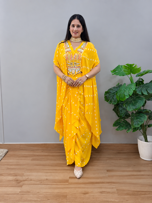 Yellow Bandhani Kaftan Skirt Set