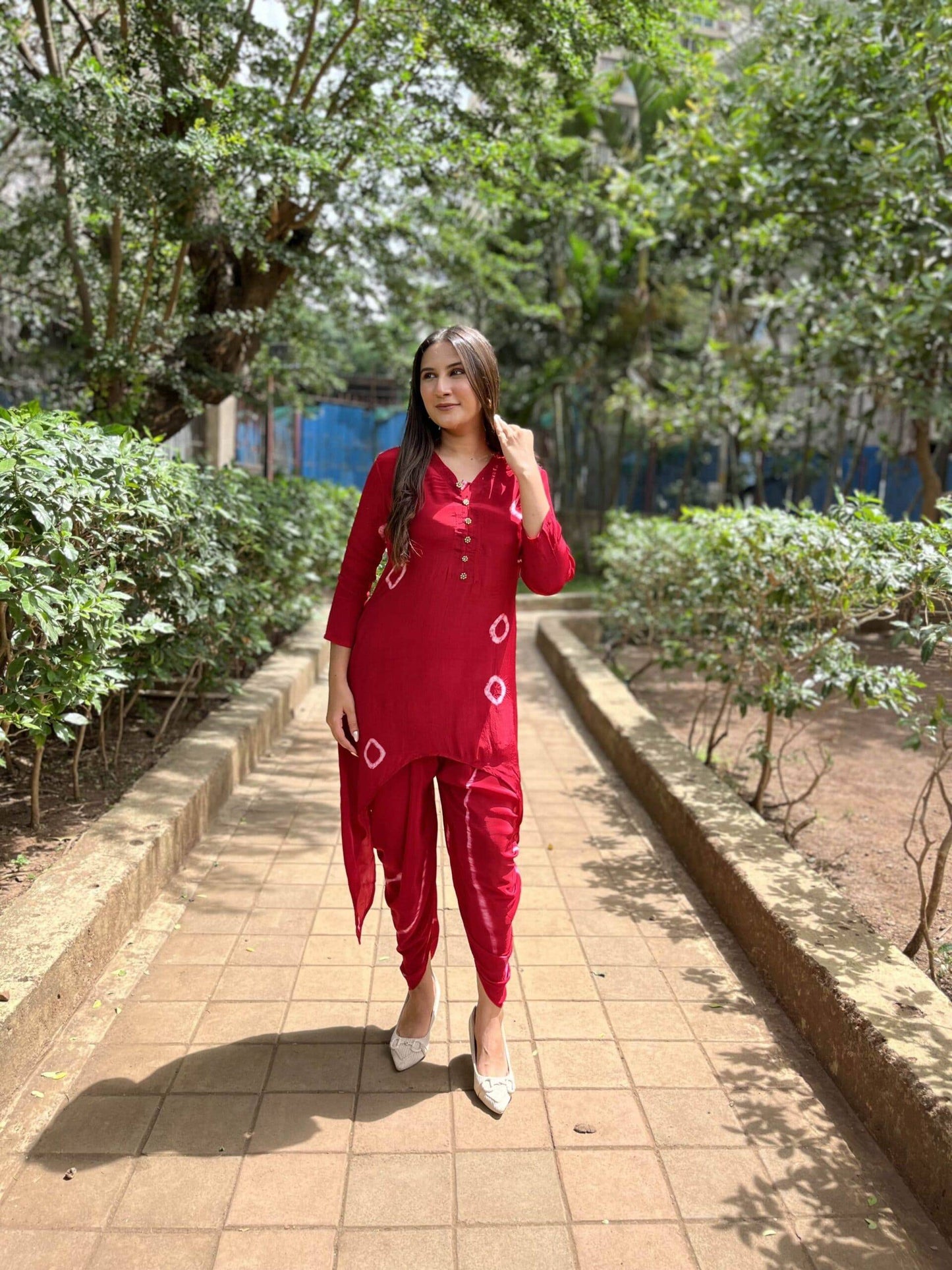 Red Tie-Dye Set with Dhoti Pants