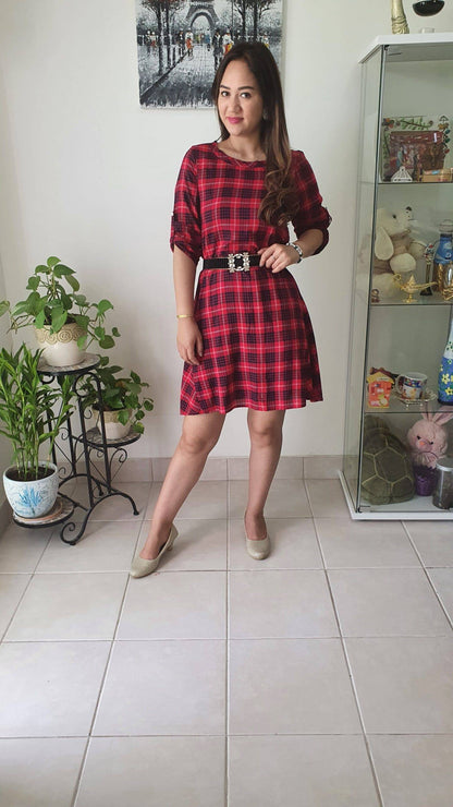 Red Black Checks One Piece Dress