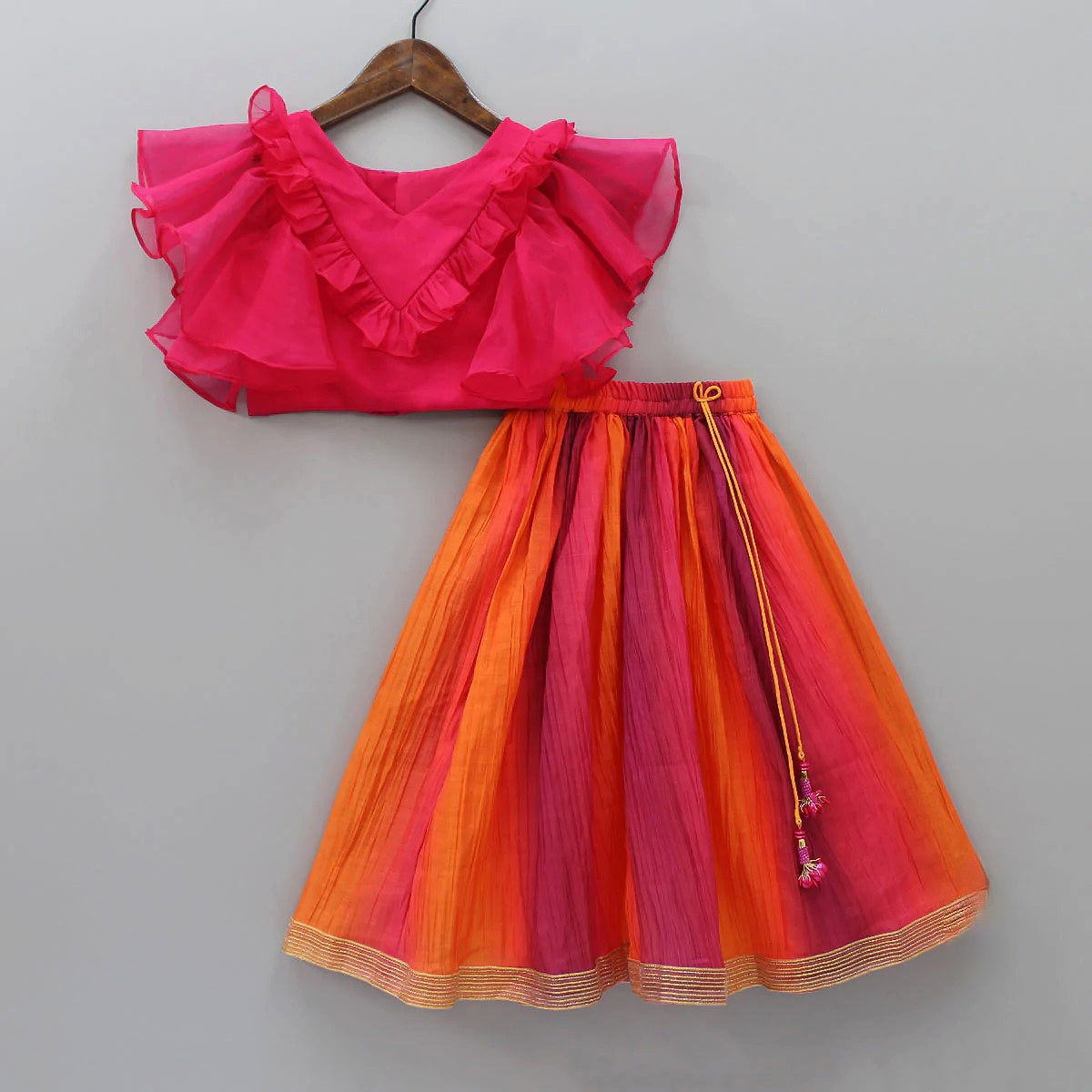 Raspberry Orange Organza Lehenga Set (Kids)