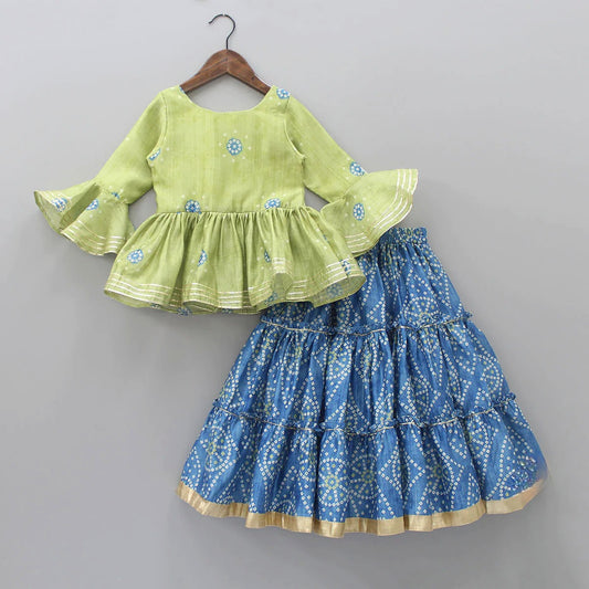 Bandhej Green & Blue Lehenga Set (Kids)