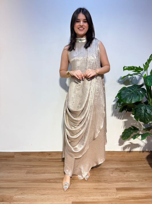 Gold Shimmer Maxi Dress with Attached Drape
