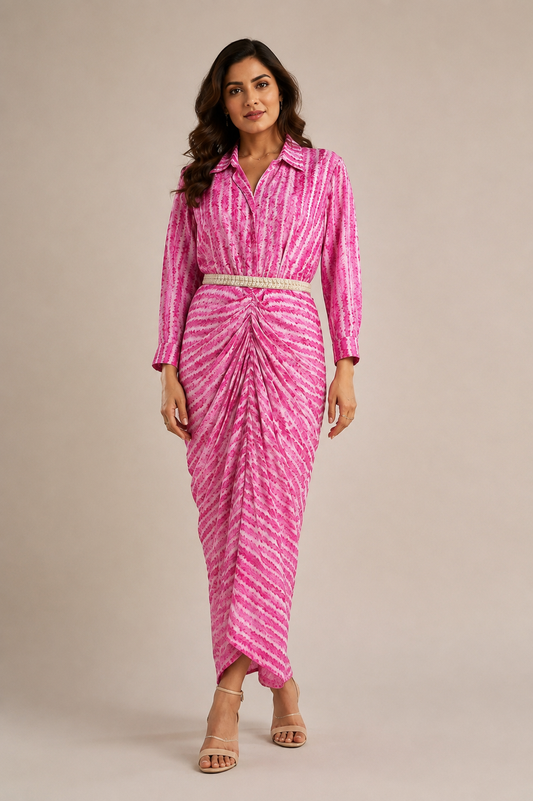 Pink Gathered One Piece Dress With Belt