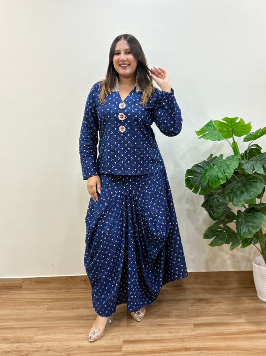 Blue Bandhani Cowl Skirt Set