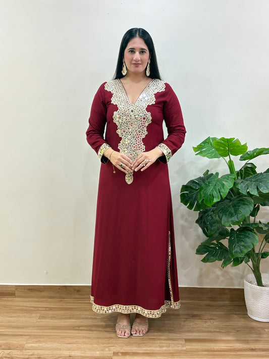 Red Mirror Work Side Slit Dress