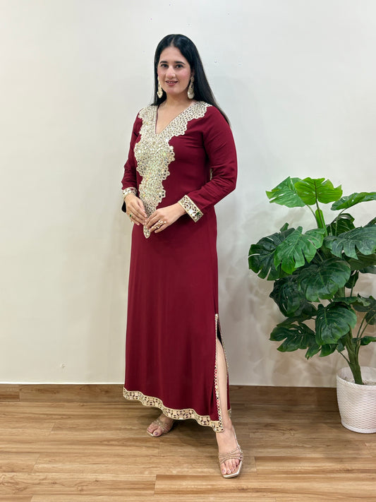 Red Mirror Work Side Slit Dress
