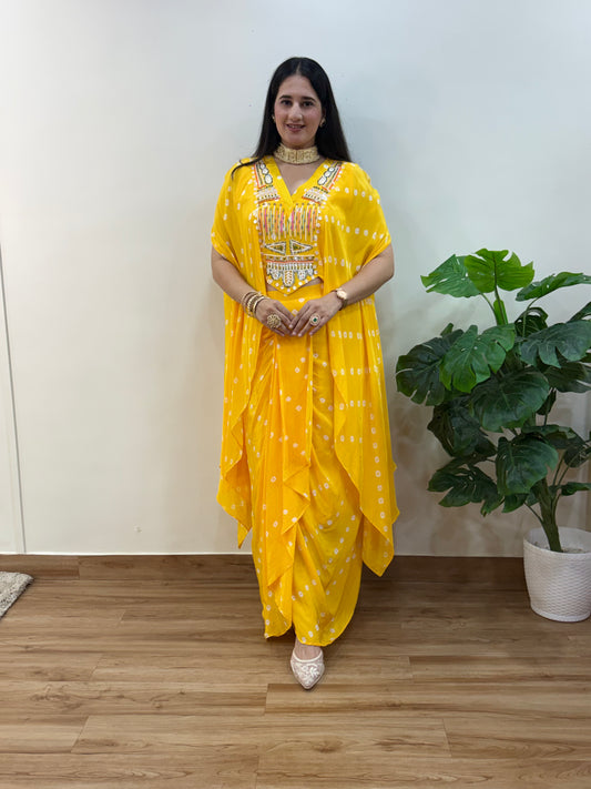 Yellow Bandhani Kaftan Skirt Set