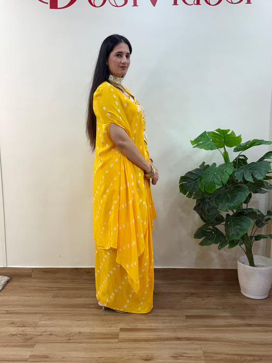 Yellow Bandhani Kaftan Skirt Set