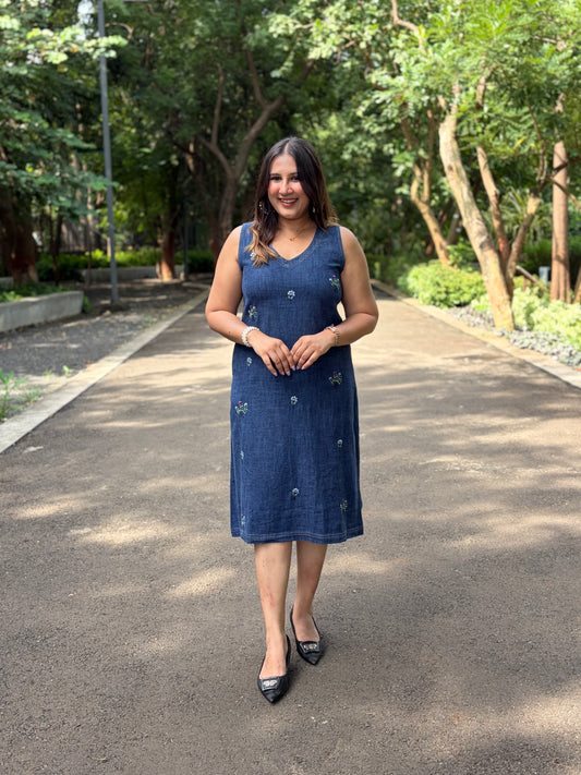 Denim Dress with Floral Embroidery