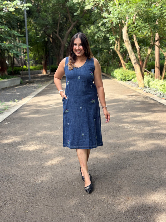 Denim Dress with Floral Embroidery
