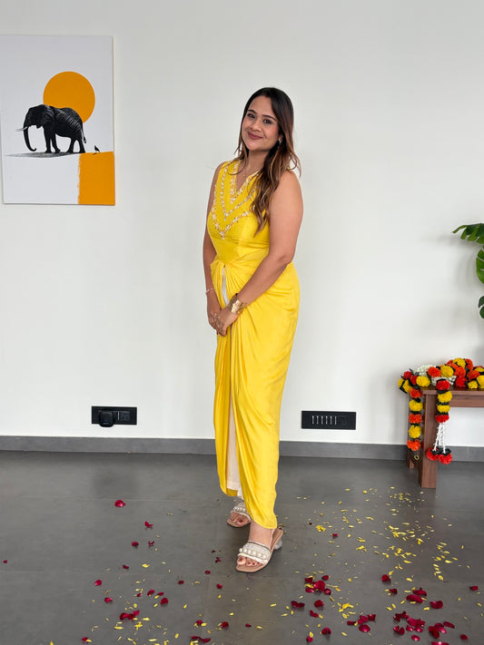 Yellow Draped Co-ord Set with Mirror Embroidery