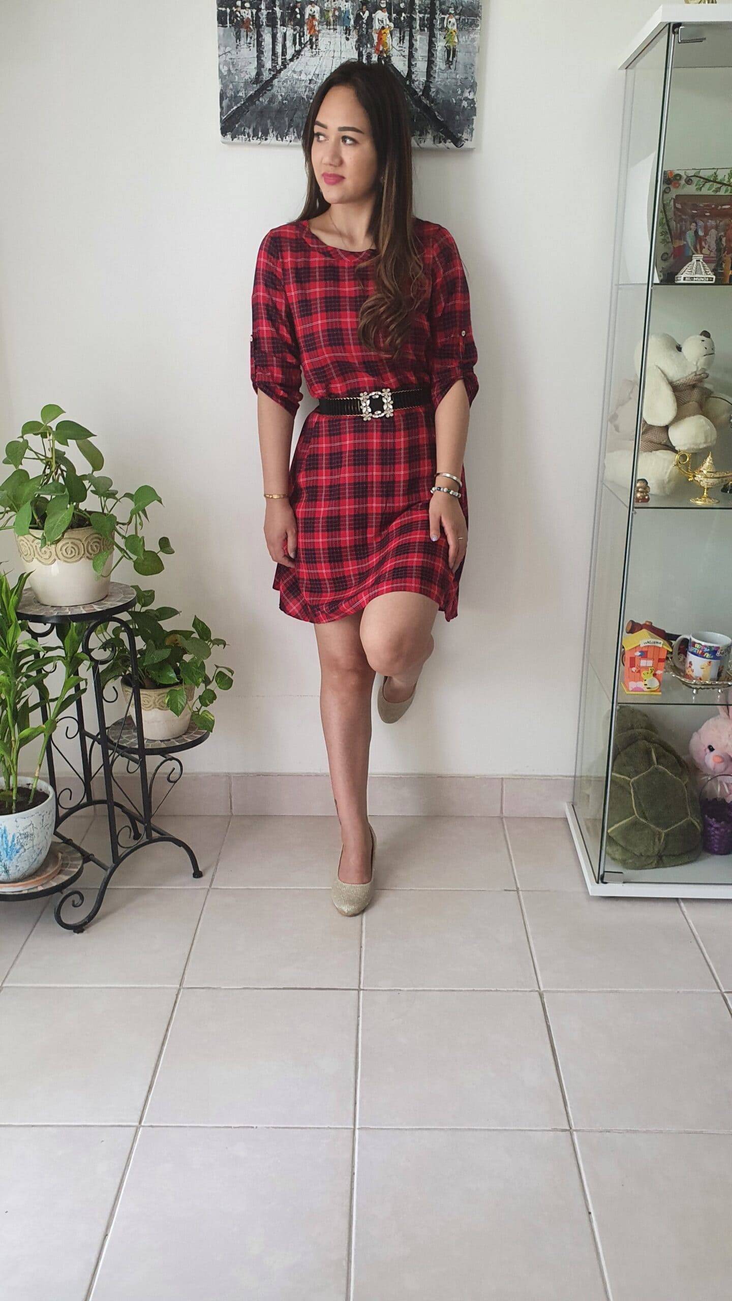 Red Black Checks One Piece Dress