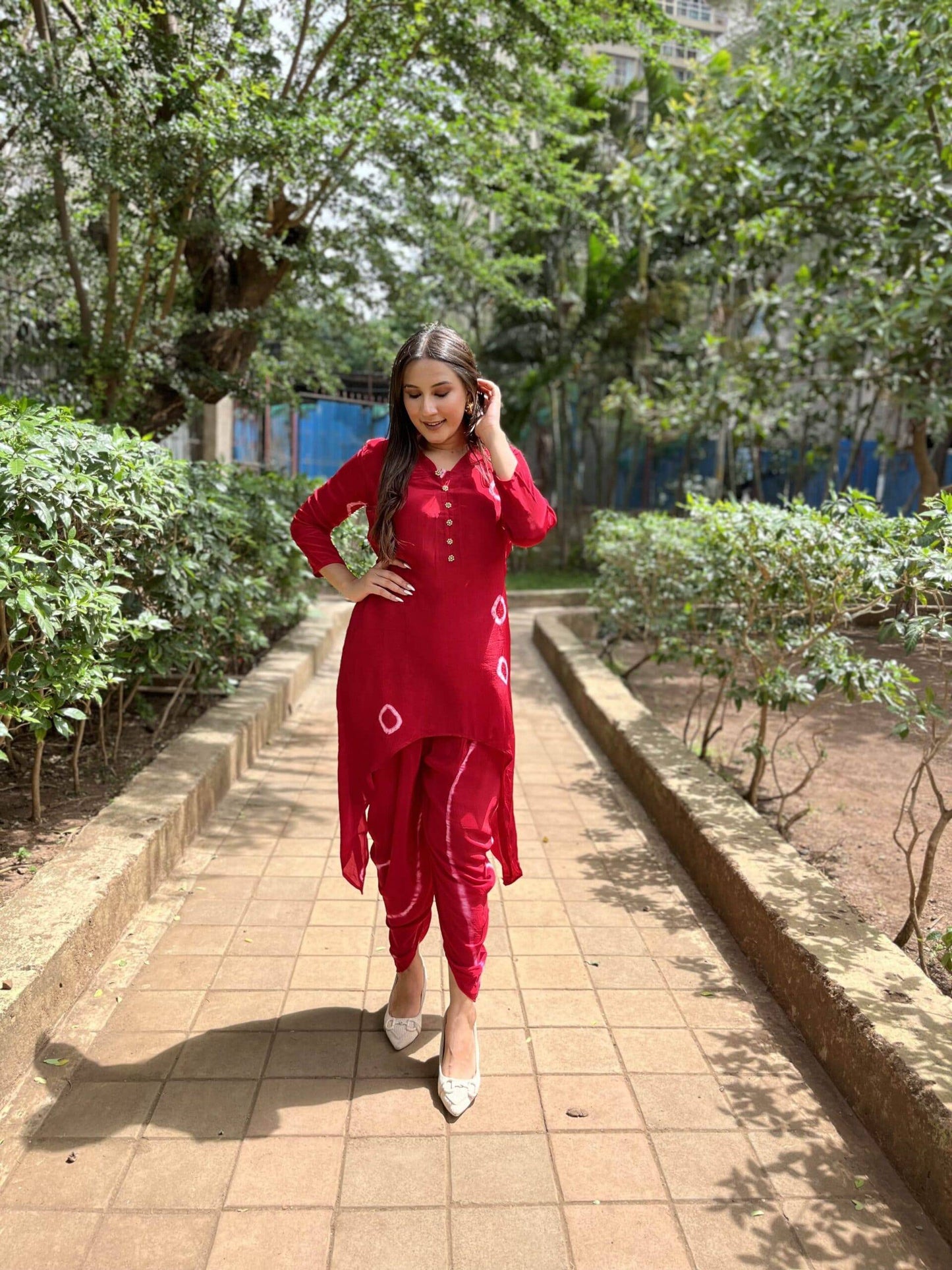 Red Tie-Dye Set with Dhoti Pants