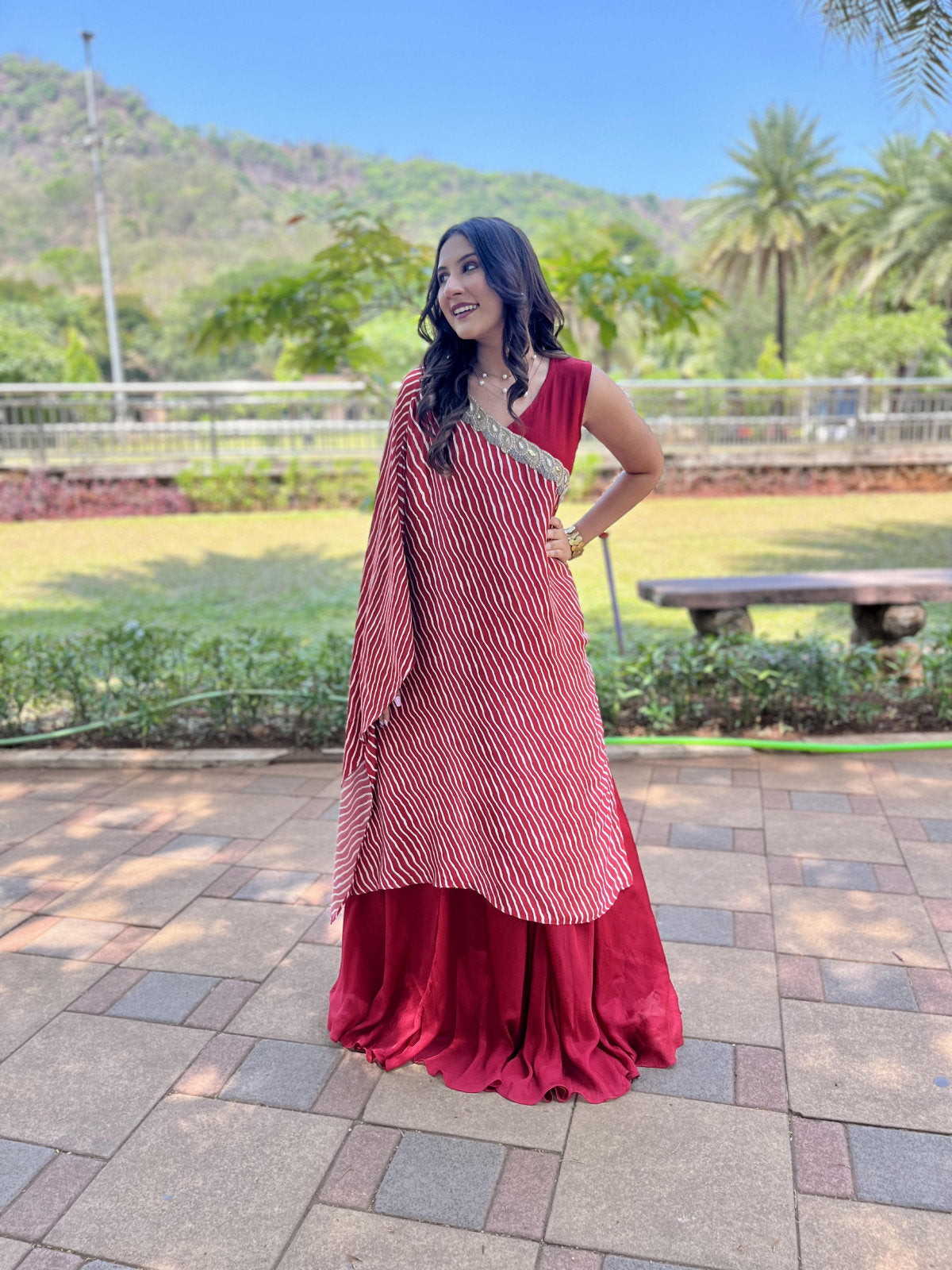 Red Gown with Draped Dupatta