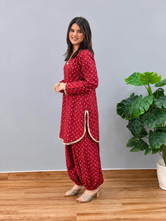 Red Bandhani Ballon Pants Set