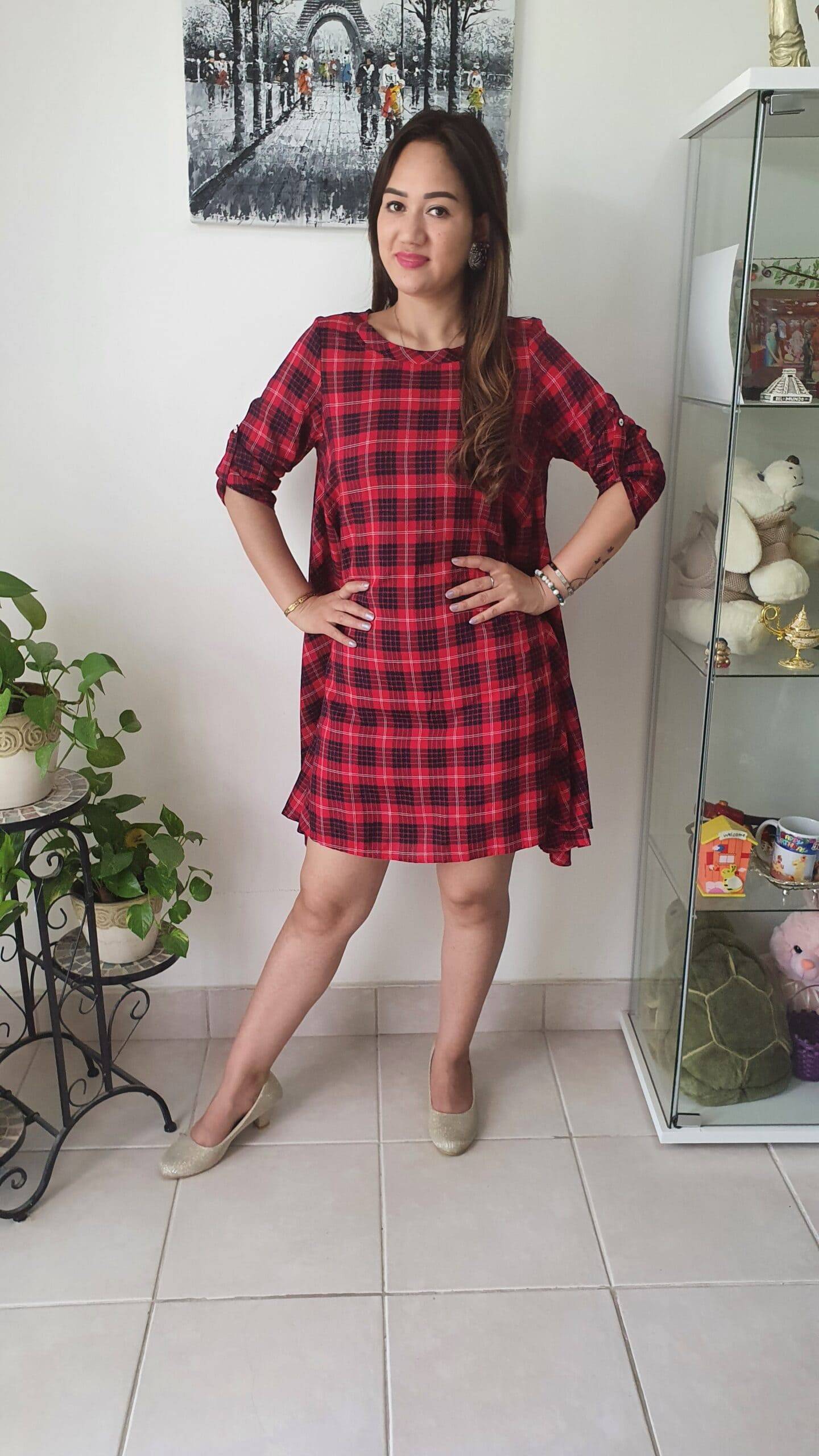 Red Black Checks One Piece Dress