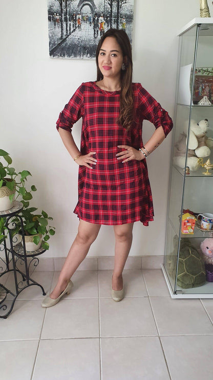 Red Black Checks One Piece Dress