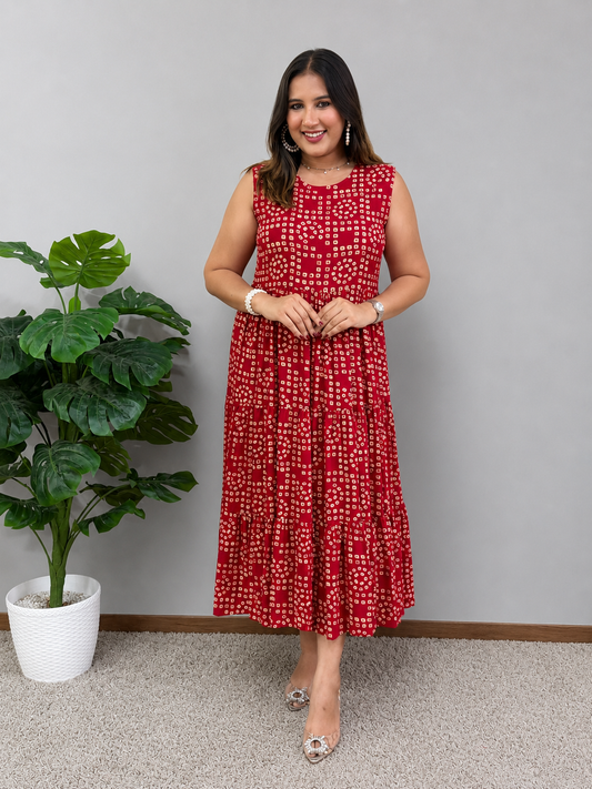 Red Bandhani Print Dress With Jacket