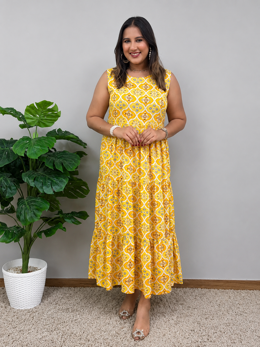 Yellow Printed Dress With Jacket