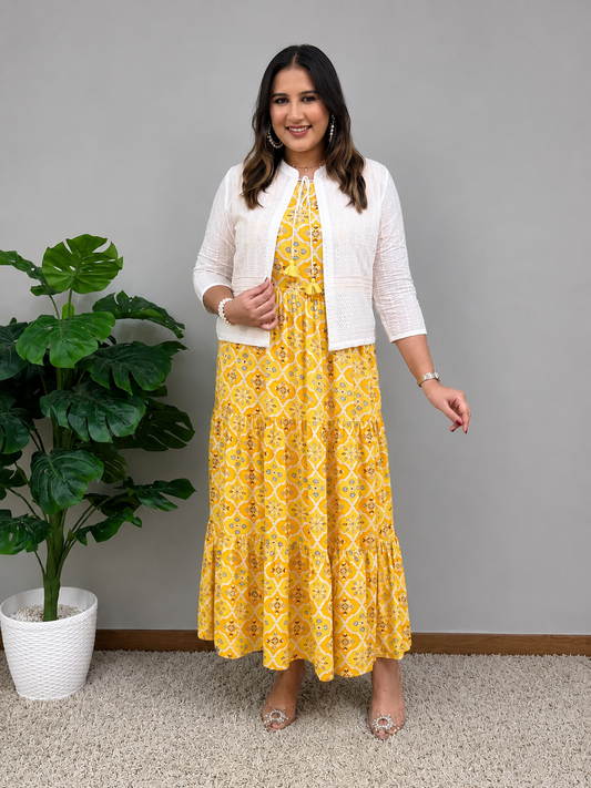 Yellow Printed Dress With Jacket