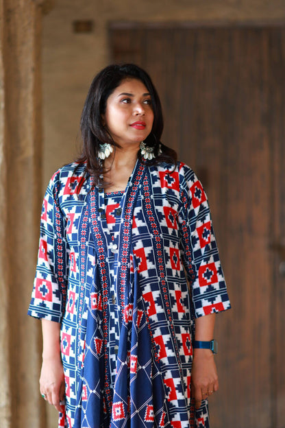 Geometric Printed Blue & Red Dress