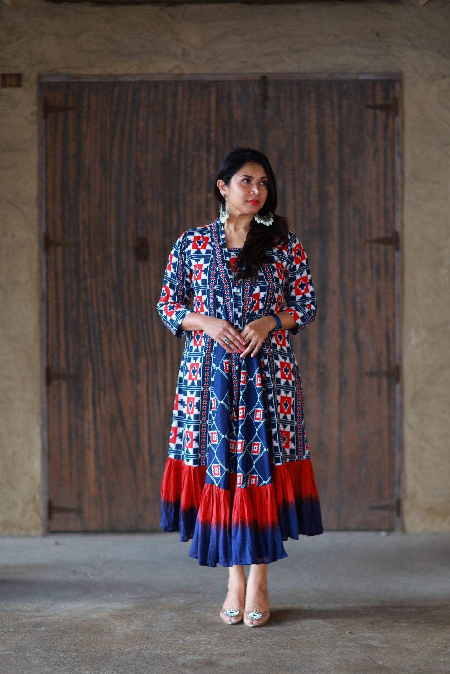 Geometric Printed Blue & Red Dress