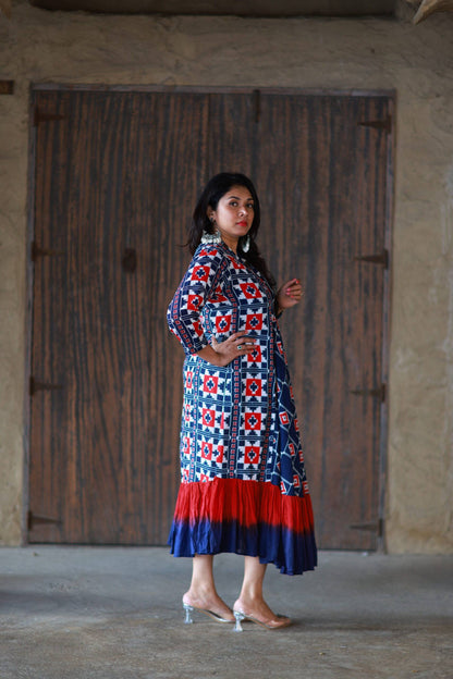 Geometric Printed Blue & Red Dress