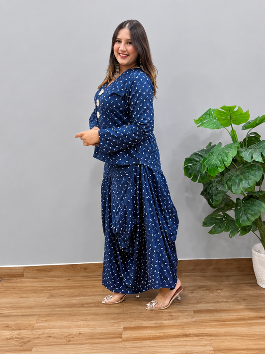 Blue Bandhani Cowl Skirt Set