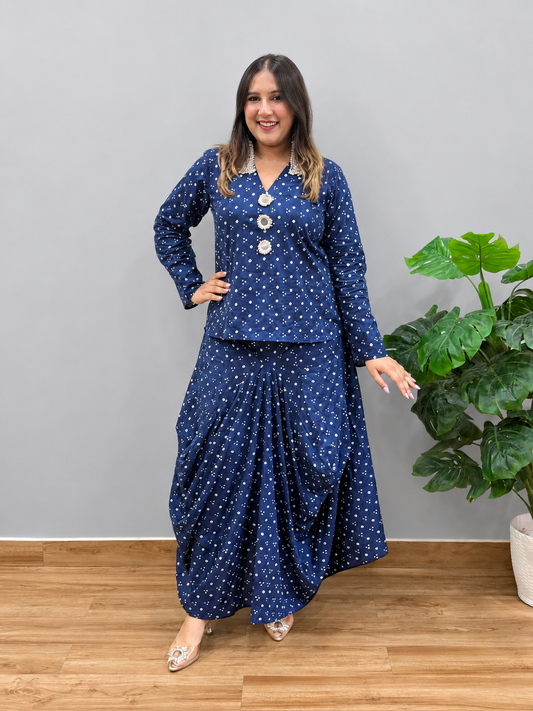 Blue Bandhani Cowl Skirt Set