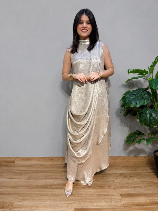 Gold Shimmer Maxi Dress with Attached Drape