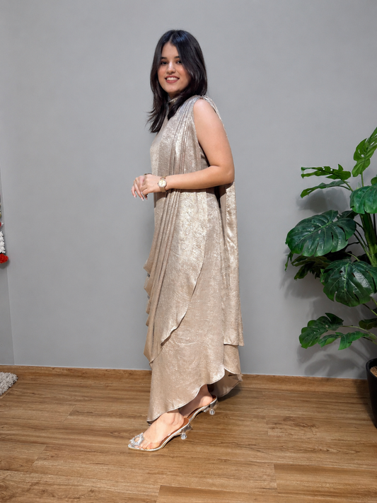 Gold Shimmer Maxi Dress with Attached Drape