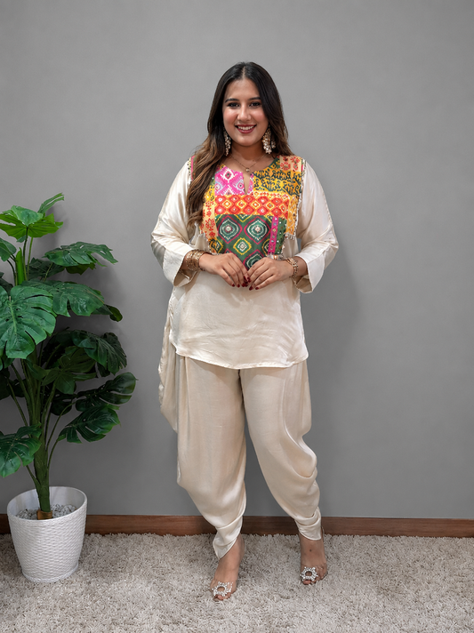 Cream Dhoti Set With Patchwork