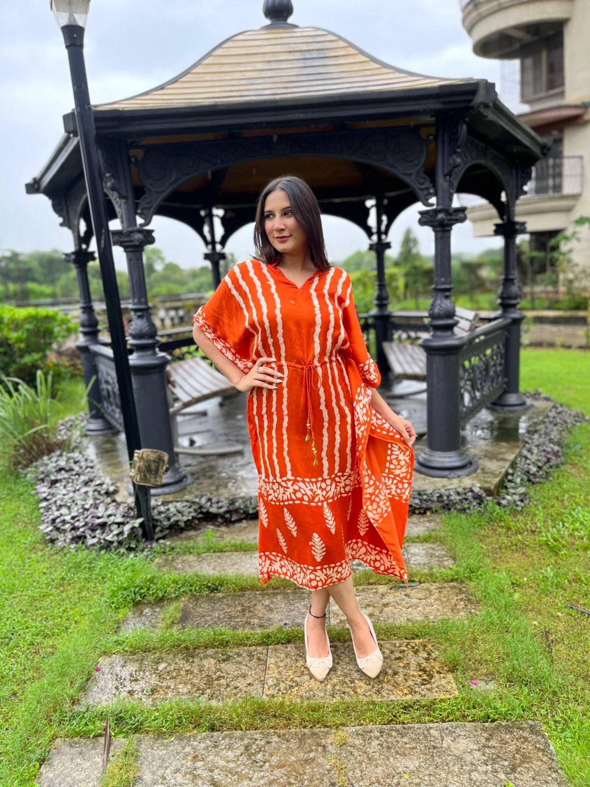 Orange Batik Print Kaftan Dress