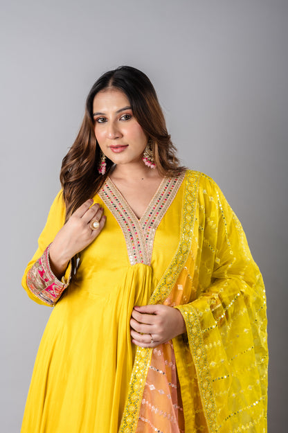 Yellow Indian Suit with Ombre Dupatta