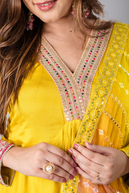 Yellow Indian Suit with Ombre Dupatta