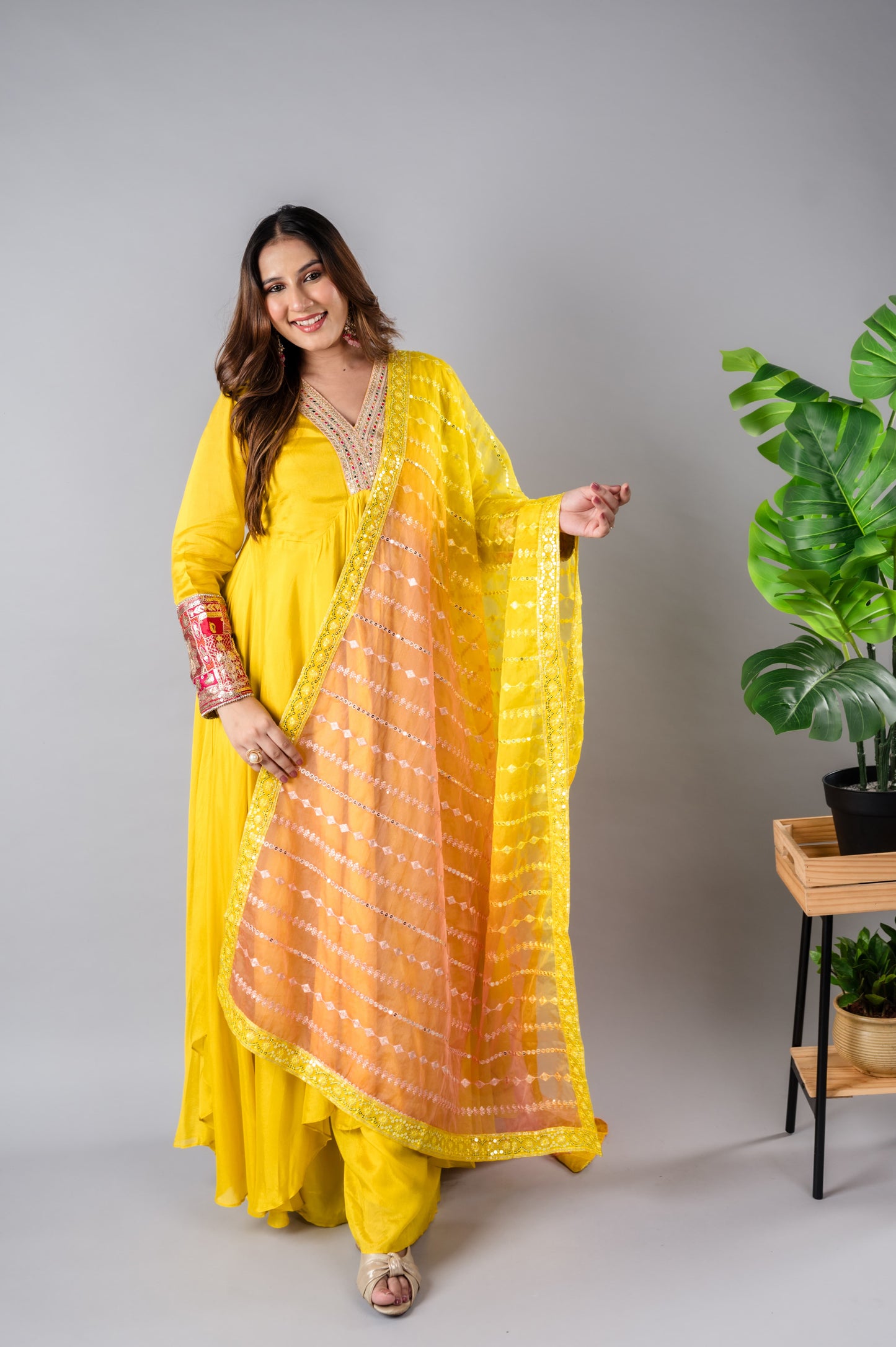 Yellow Indian Suit with Ombre Dupatta