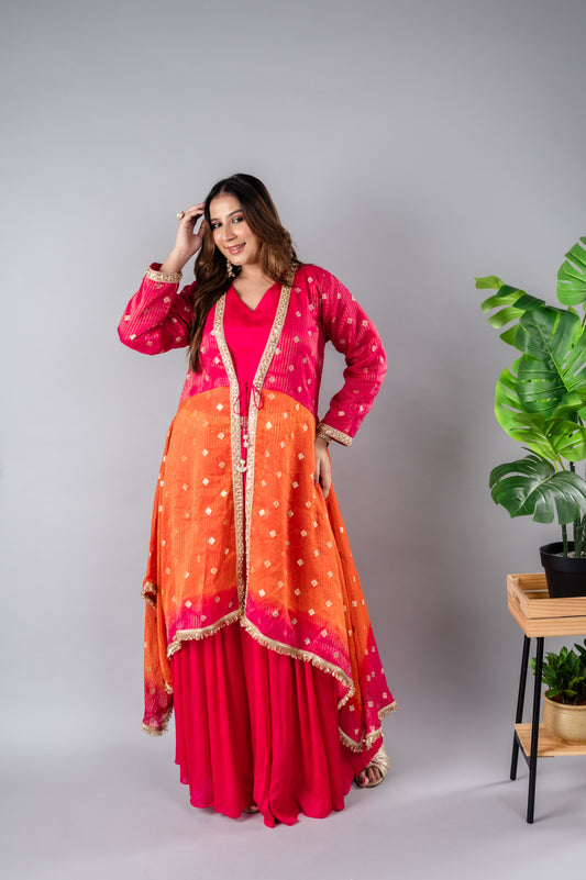 Pink & Orange Palazzo Set with Jacket