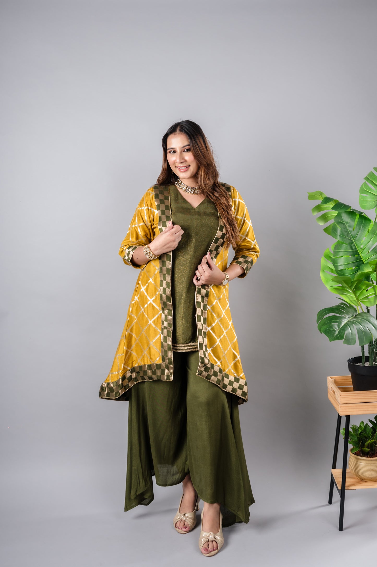 Mehendi Green Set with Yellow Jacket