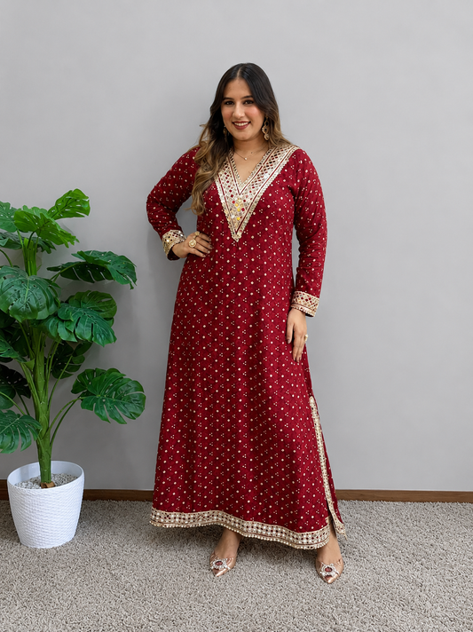 Red Bandhani Print Slit Dress