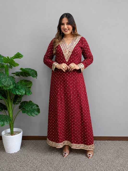 Red Bandhani Print Slit Dress