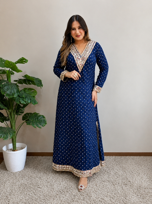 Blue Bandhani Print Slit Dress