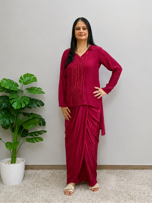 Maroon Drape Skirt Set