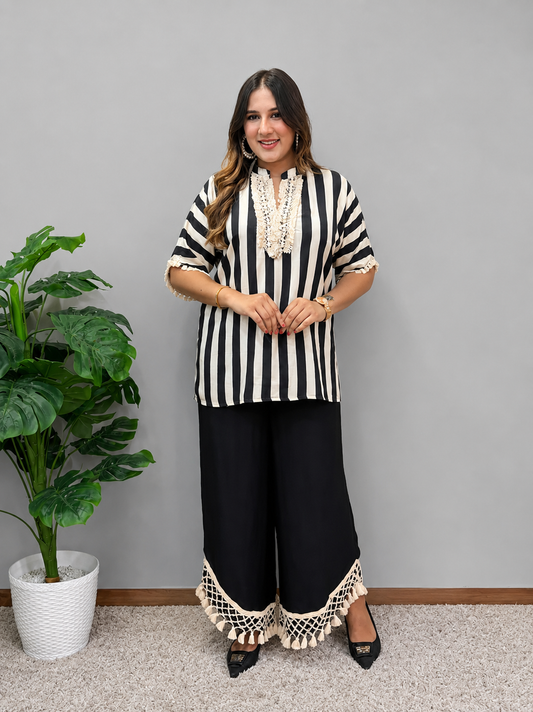 Black And Beige Striped Cord Set