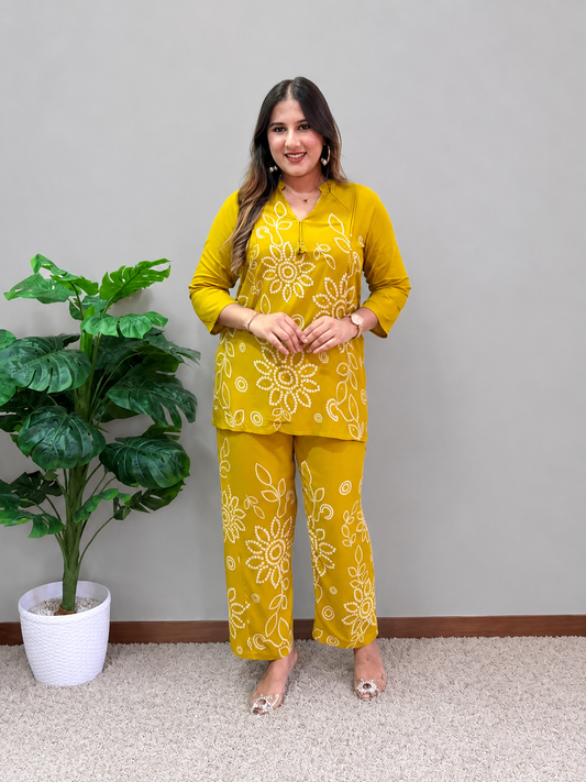 Mustard Floral Printed Cord Set